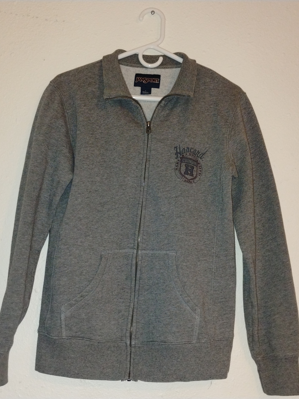 L JanSport Gray Zip-Up Sweatshirt Jacket with Harvard Crest